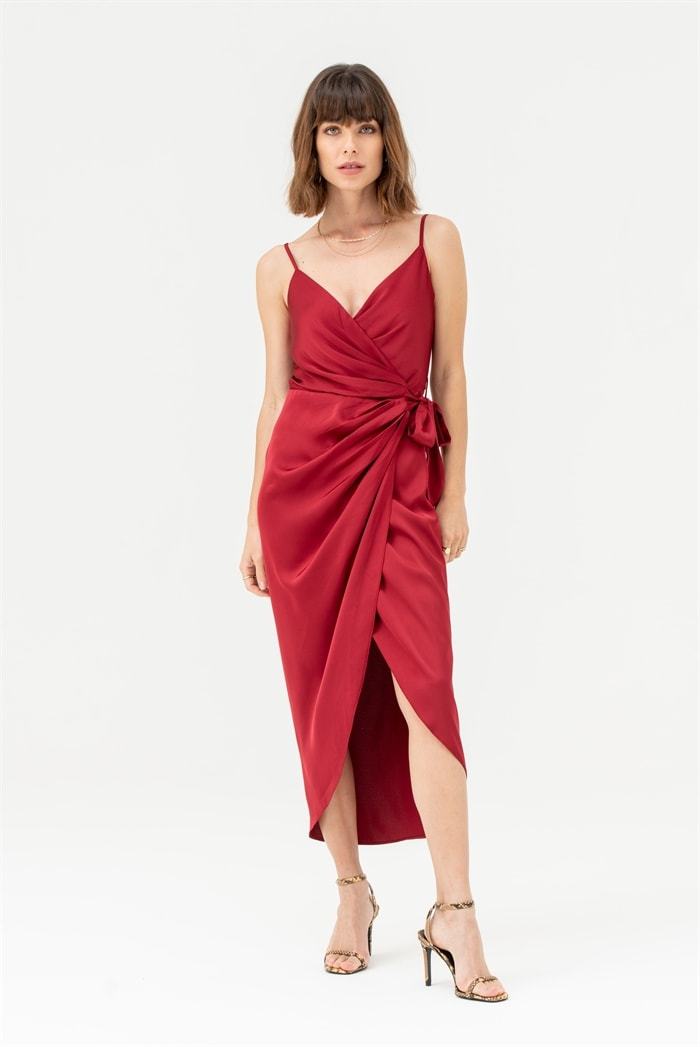 Tie Side Cami Wrap Dress in Burgundy- Outlet – Liena